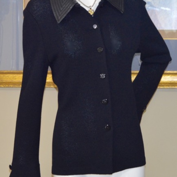 Black Lambskin Santana Knit  Blazer with removable leather collar - Picture 6 of 8